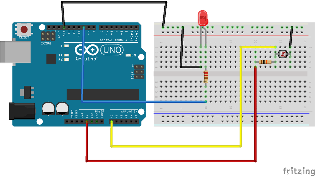 Schema Arduino con LED e fotoresistenza LDR per circuito crepuscolare