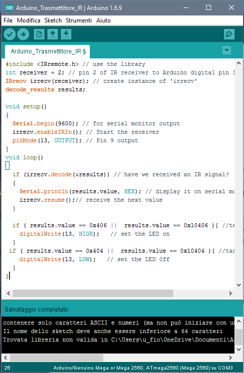 Esempio controllo LED Arduino tramite telecomando IR