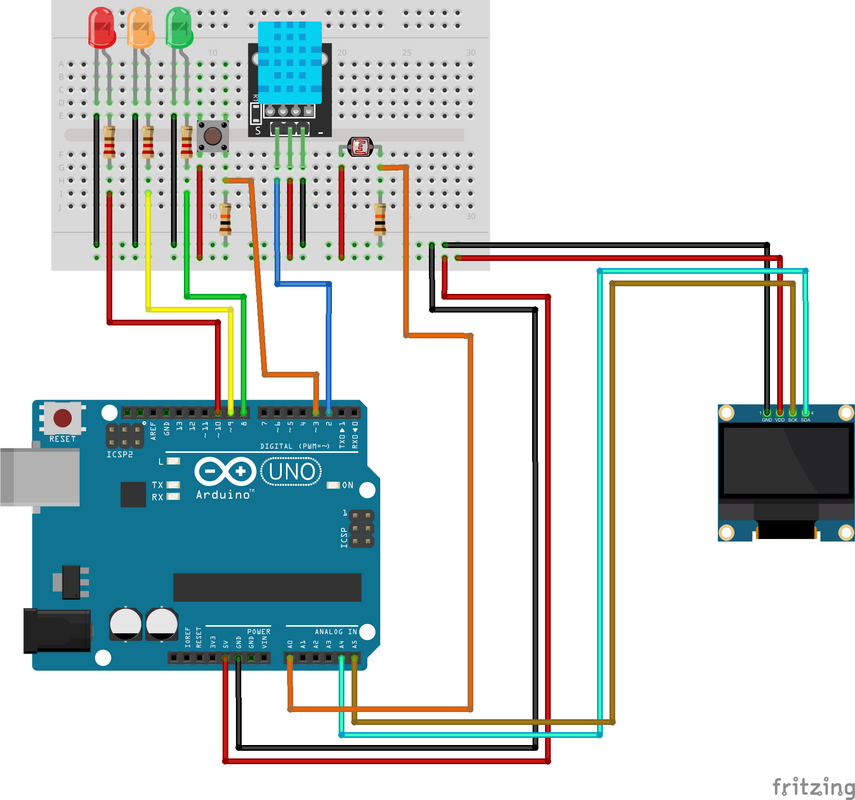 Schema sistema debug Arduino con OLED DHT22 LDR e tre LED