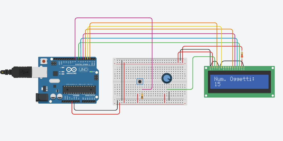 Simulazione Arduino contatore oggetti con display LCD 16x2