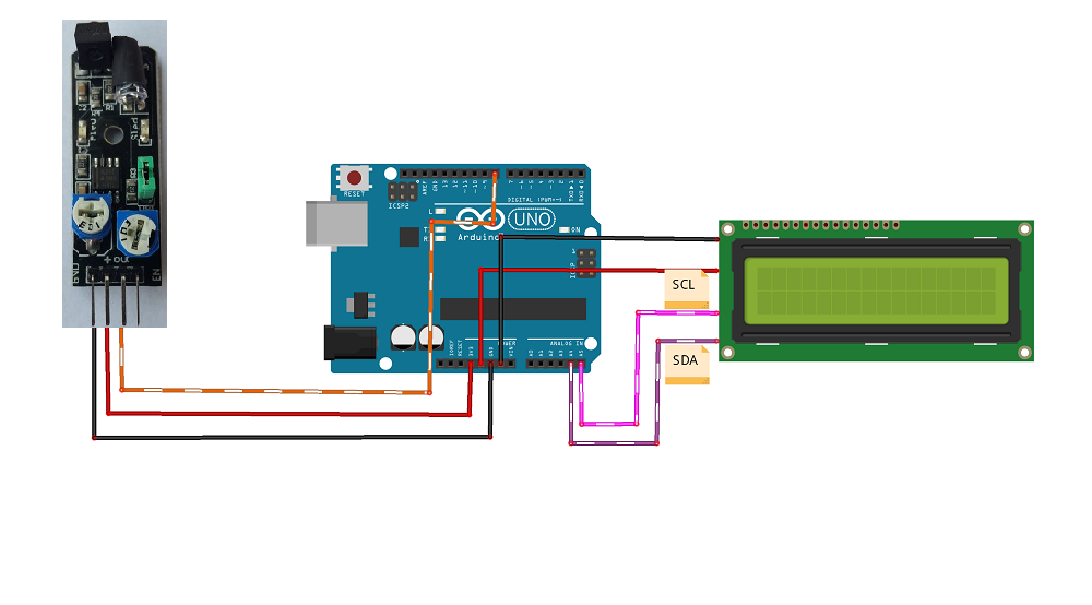 Schema Arduino contatore oggetti KY-032 con display I2C