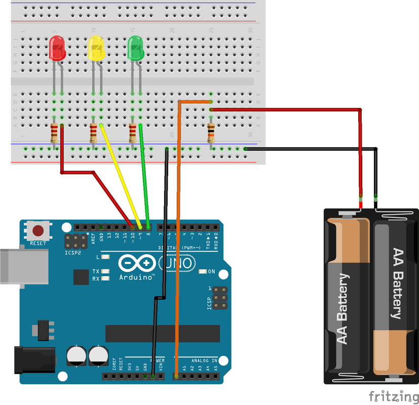 Schema Arduino controllo stato batteria con tre LED