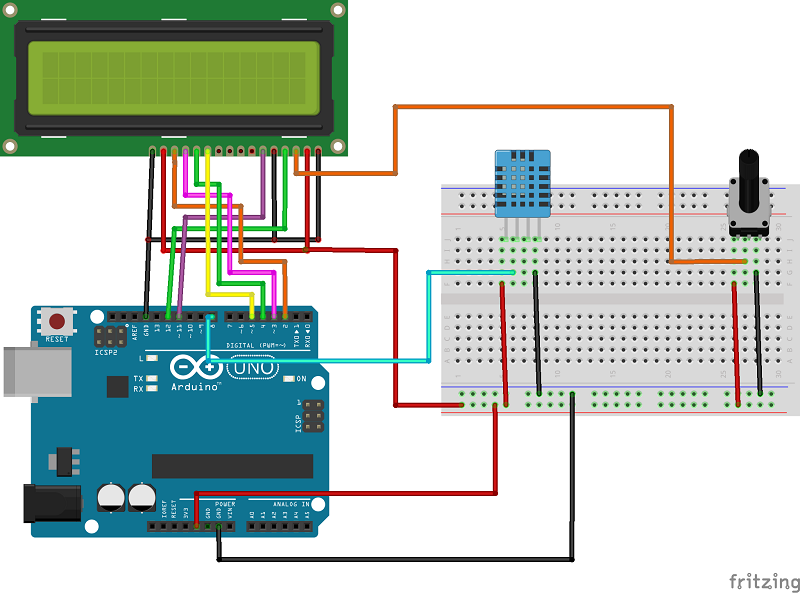 Schema Arduino con DHT11 e display LCD 16x2