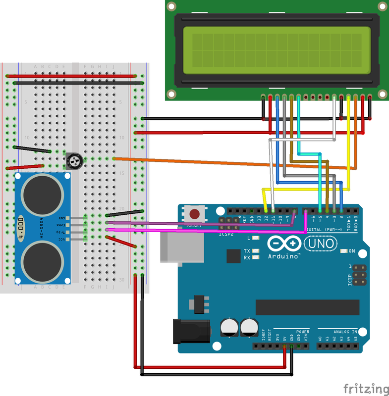 Schema Arduino HC-SR04 con display LCD 16x2