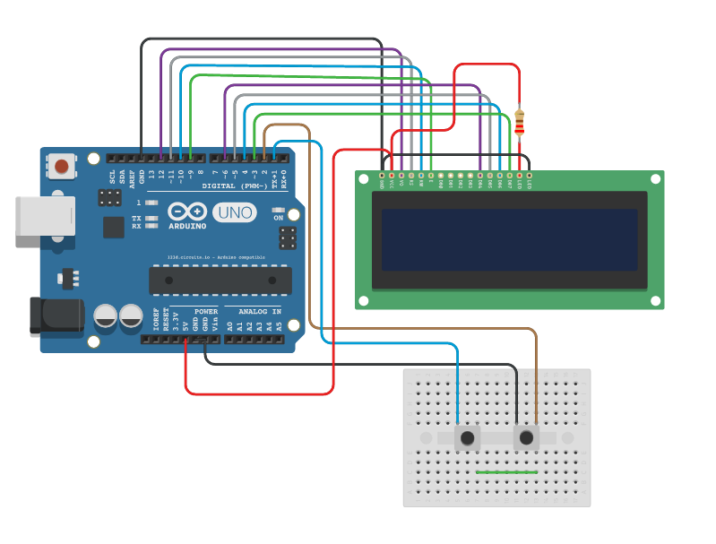 Schema gioco Arduino con display LCD 16x2