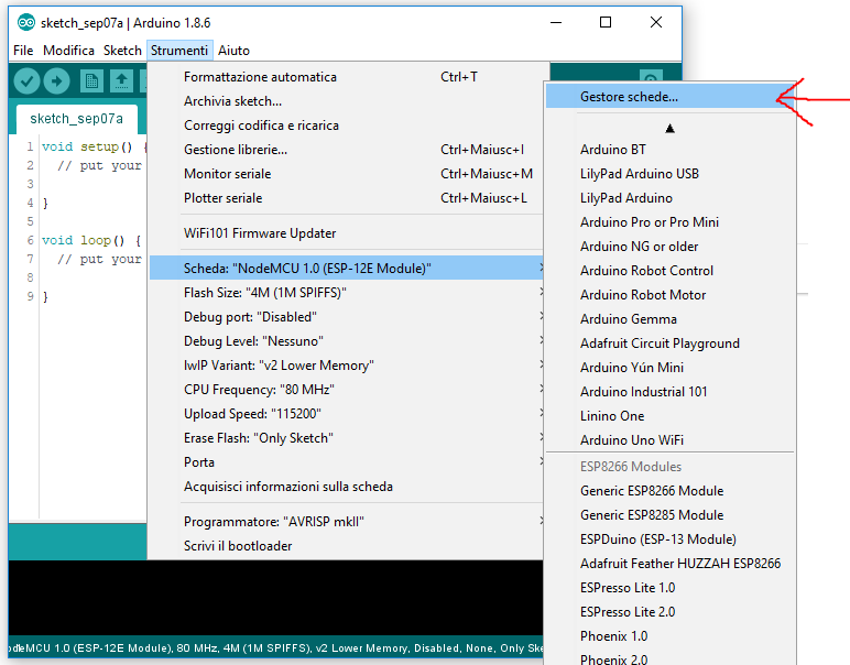Gestore Schede Arduino IDE ESP8266