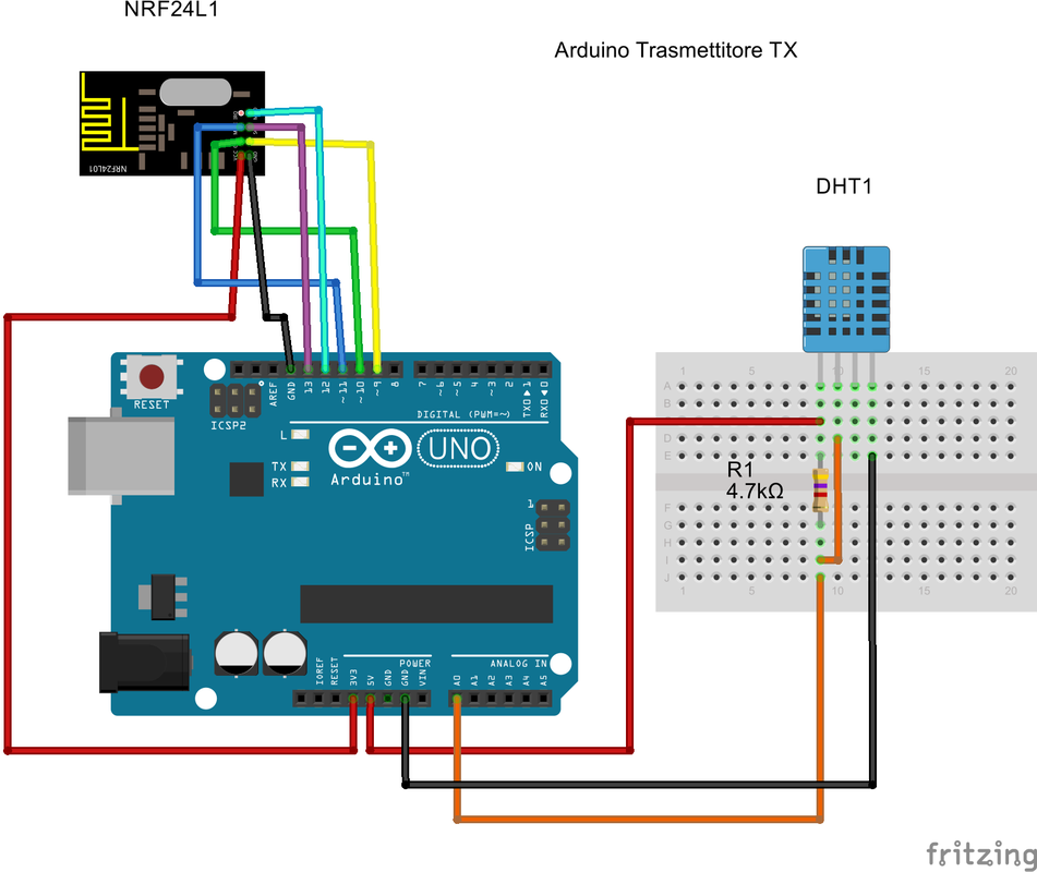 Schema Arduino trasmettitore nRF24L01 DHT11