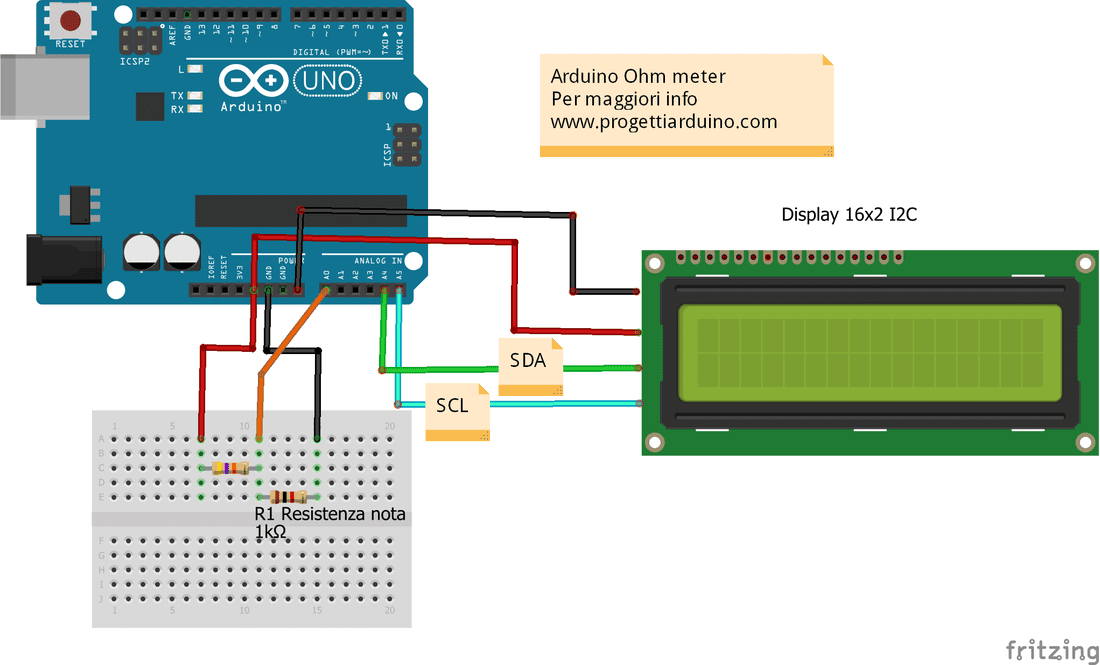 Schema ohmmetro Arduino con display LCD I2C