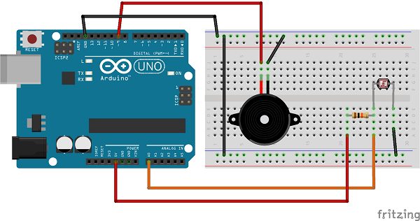 Schema Arduino con buzzer e fotoresistenza LDR