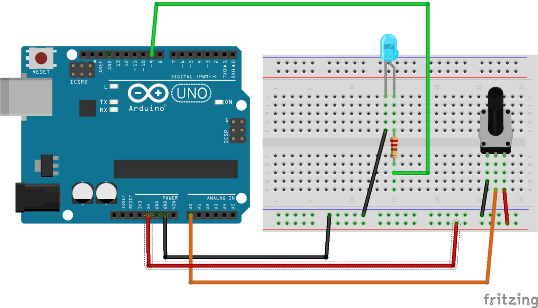 Schema Arduino con LED e potenziometro per regolare la luminosità tramite PWM