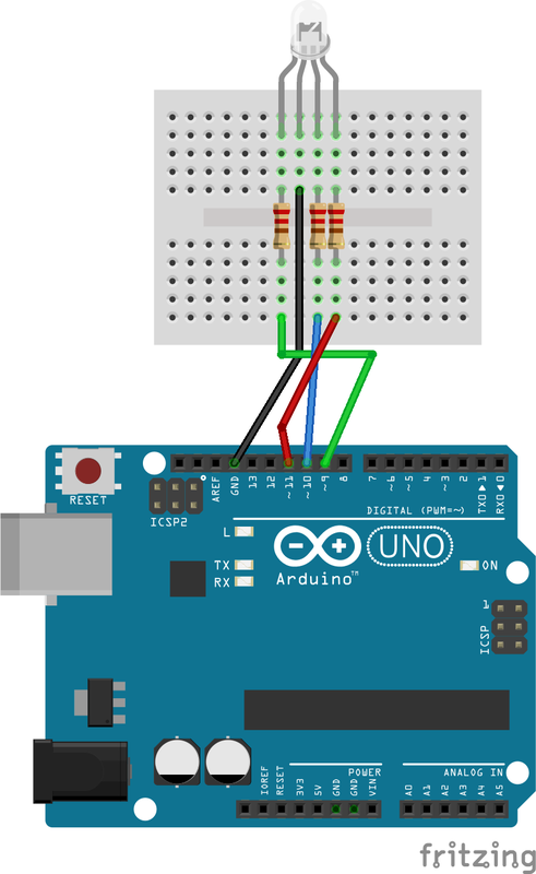 Schema Arduino con LED RGB e tre resistenze da 220 ohm