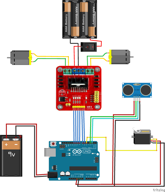 Schema robot Arduino L298N servo HC-SR04