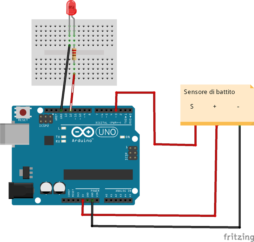 Schema Arduino sensore battito cardiaco con LED