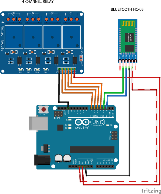 Schema Arduino controllo vocale Bluetooth quattro relè