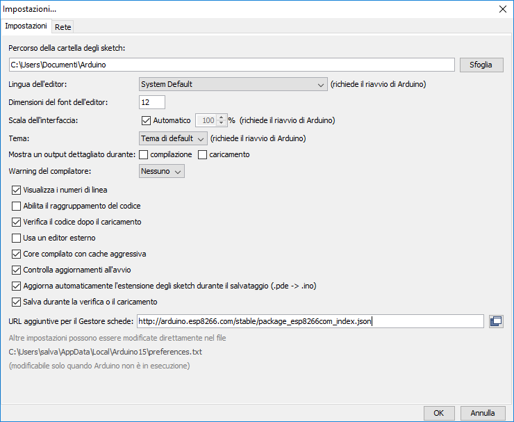 Impostazioni Arduino IDE per ESP8266