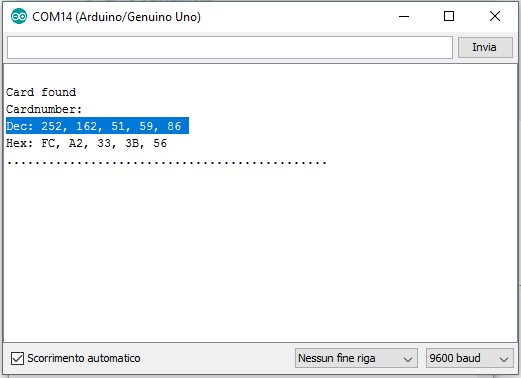 Lettura UID RFID RC522 Monitor Seriale