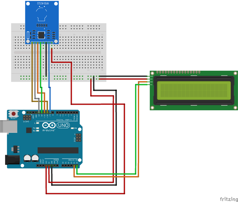 Schema Arduino RFID RC522 con display LCD I2C 16x2