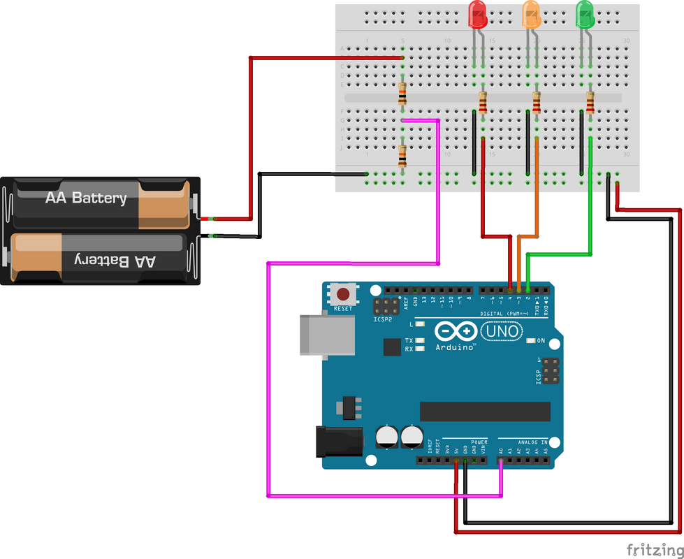 Schema indicatore batteria Arduino con partitore di tensione e LED verde giallo rosso