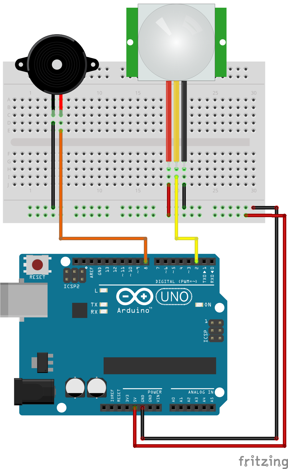Schema antifurto Arduino con sensore PIR e buzzer