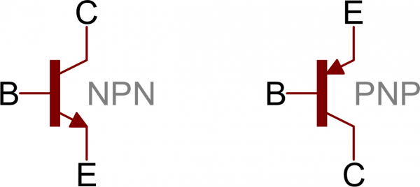 Simboli circuitali dei transistor BJT NPN e PNP con base collettore ed emettitore
