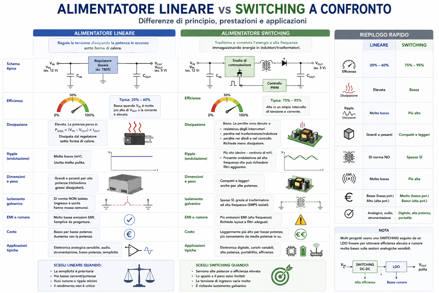 Alimentatore lineare e switching a confronto per efficienza ripple dissipazione dimensioni e applicazioni