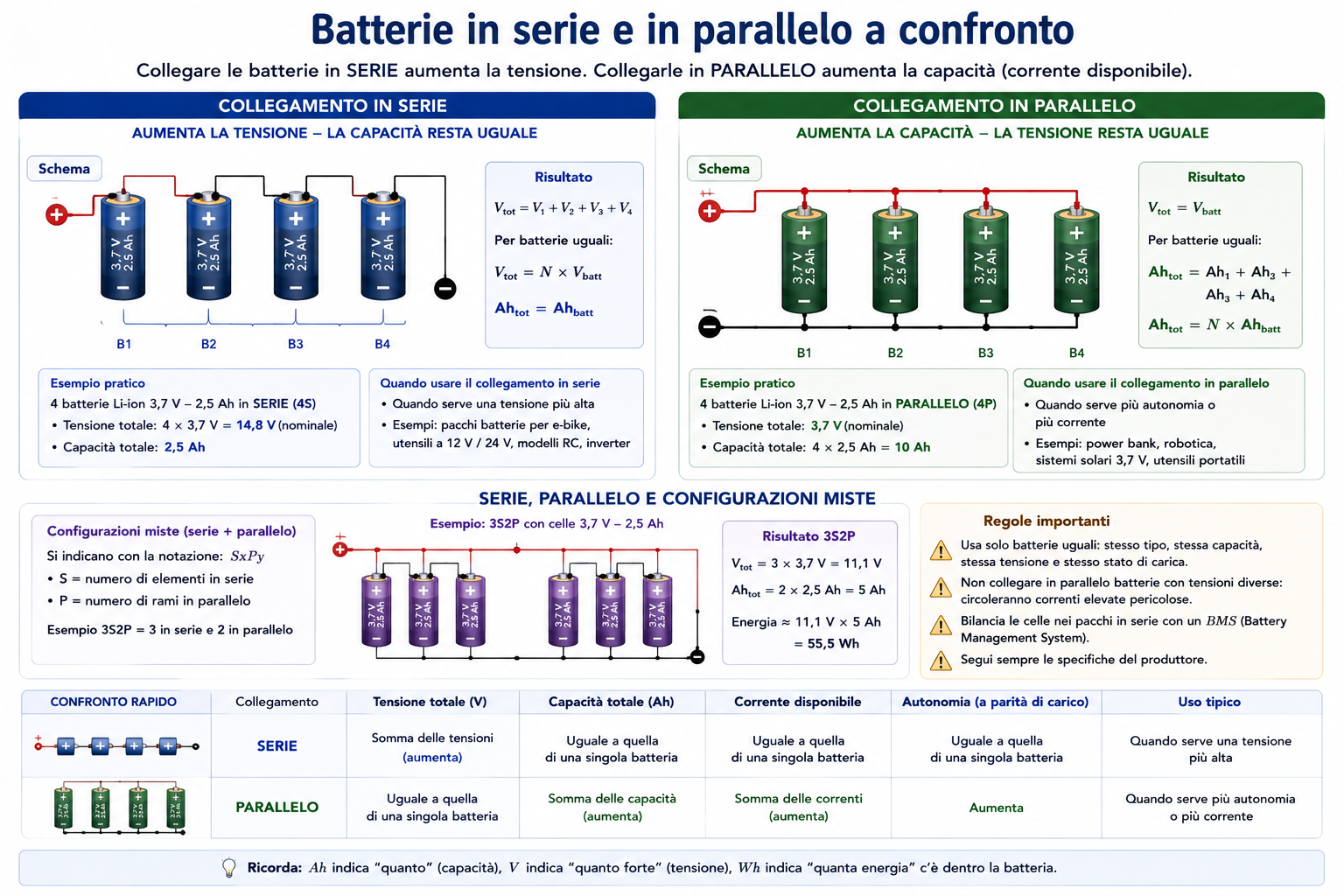 Batterie in serie e in parallelo a confronto con tensione e capacità totale