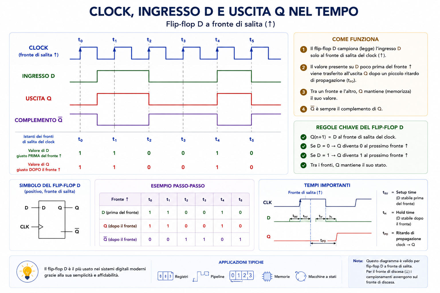 Diagramma temporale del flip-flop D con clock ingresso D uscita Q e Q complementare