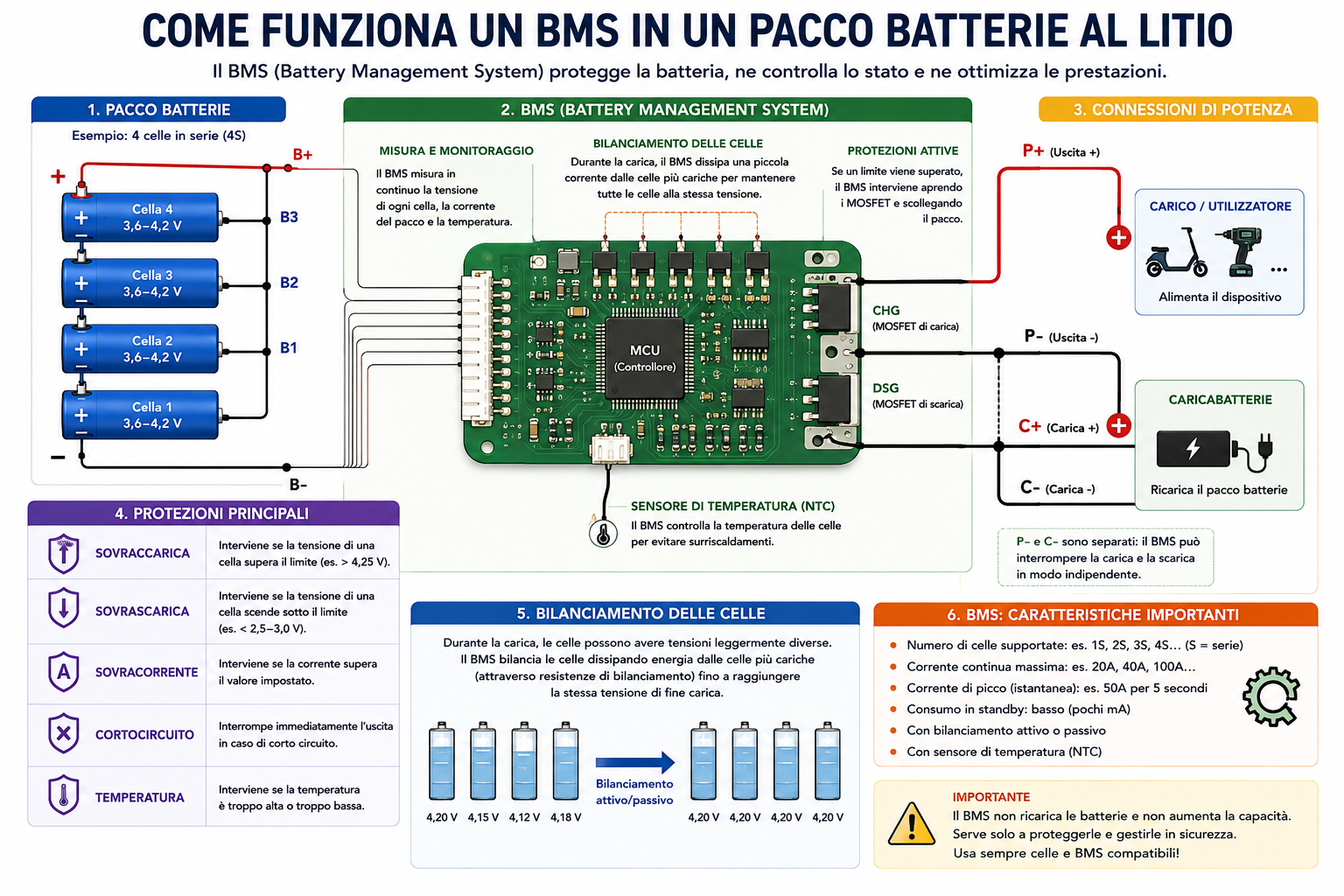 Come funziona un BMS in un pacco batterie al litio con protezioni, bilanciamento, caricatore e carico