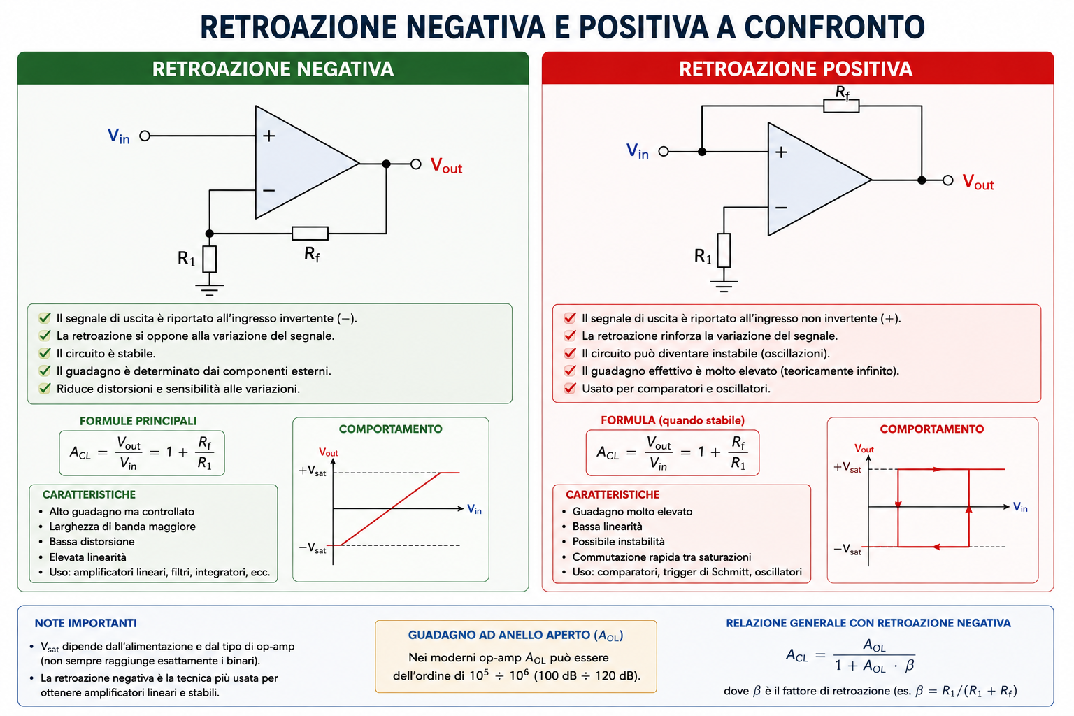 Confronto tra retroazione negativa e positiva negli amplificatori operazionali