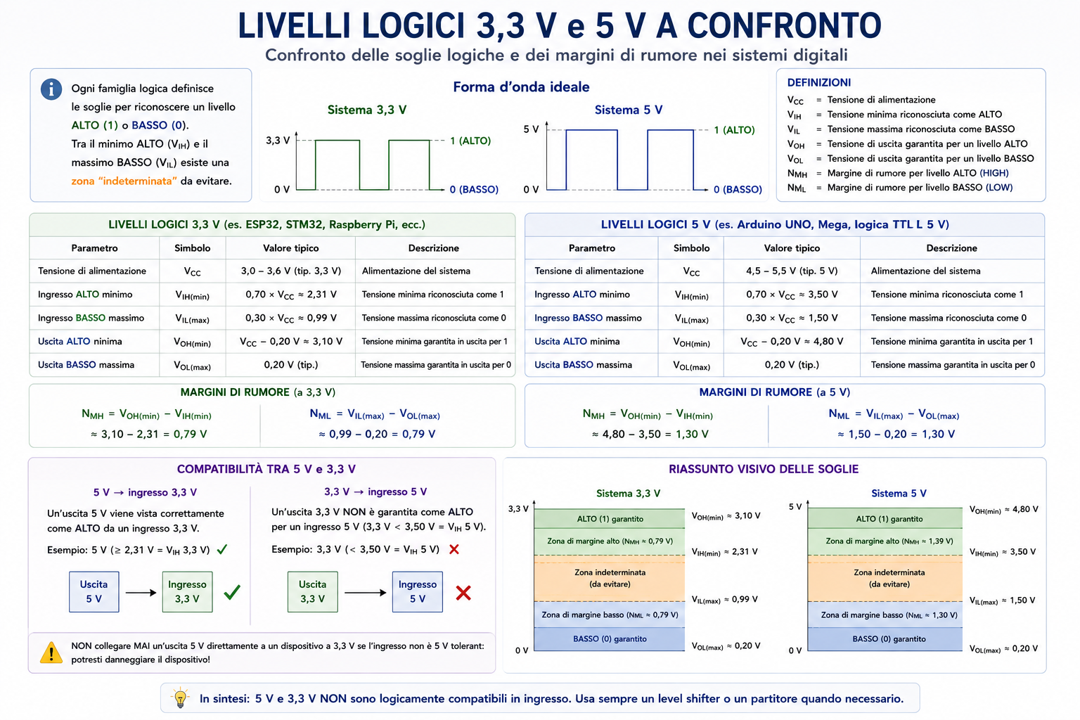 Livelli logici 3,3 V e 5 V a confronto con soglie VIH VIL VOH VOL e margini di rumore
