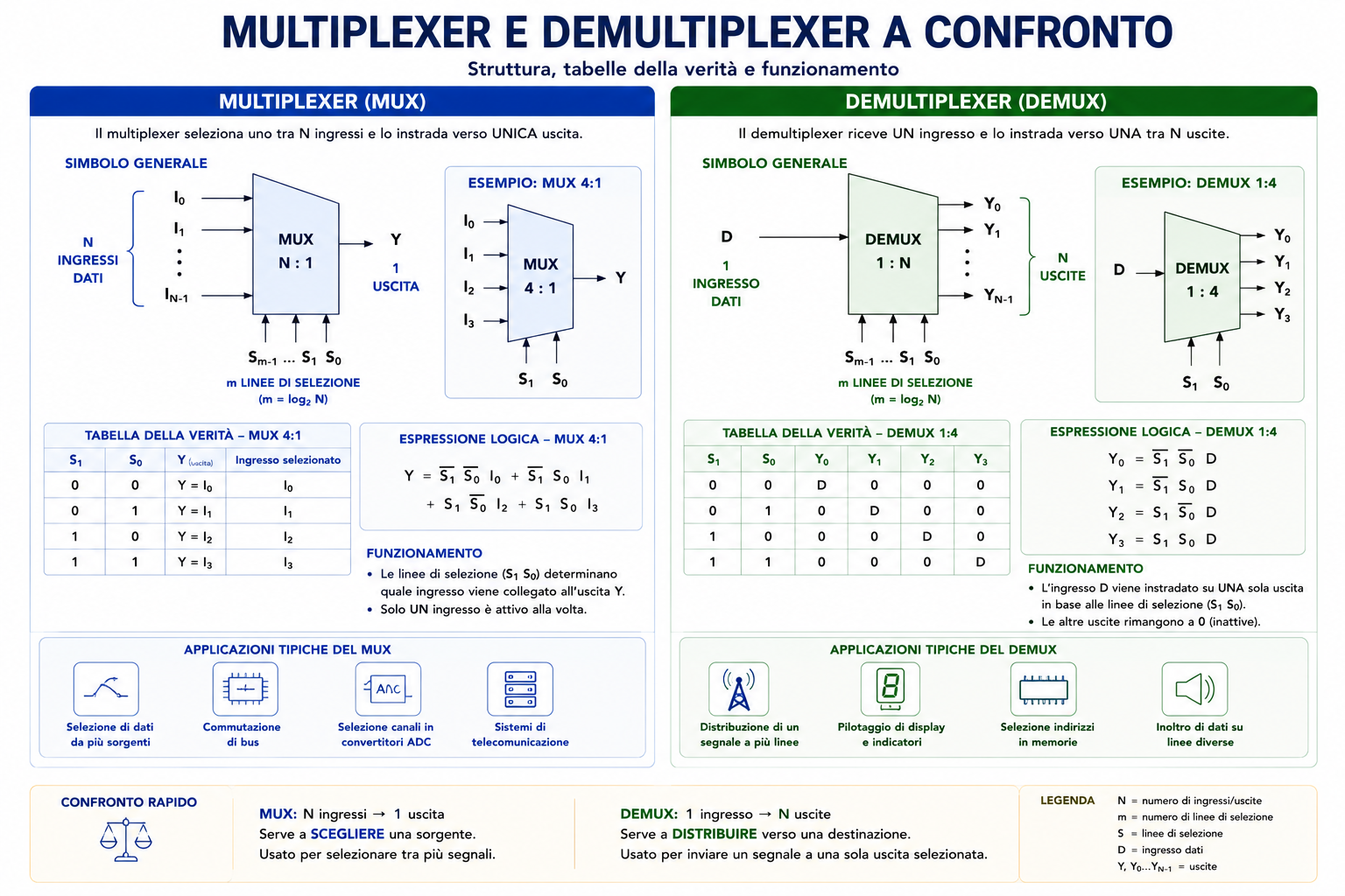 Multiplexer e demultiplexer a confronto con MUX 4 a 1 e DEMUX 1 a 4