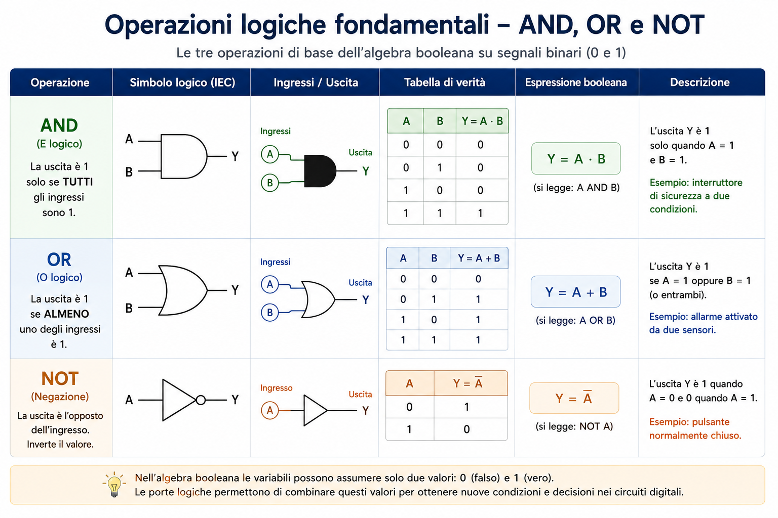 Operazioni logiche fondamentali AND OR e NOT con simboli e tabelle di verità