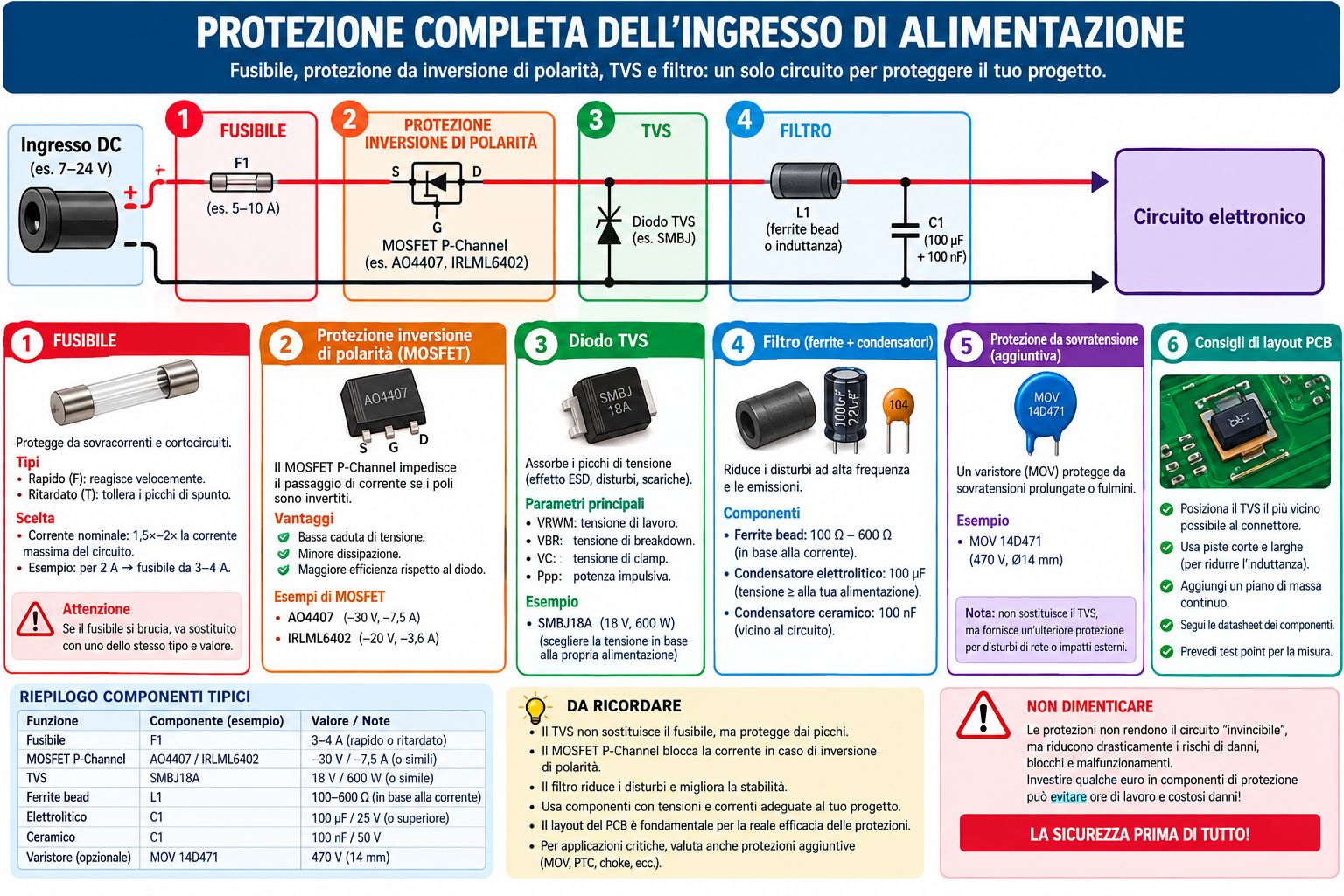 Protezione completa dell'ingresso di alimentazione con fusibile TVS MOSFET contro inversione di polarità e filtro