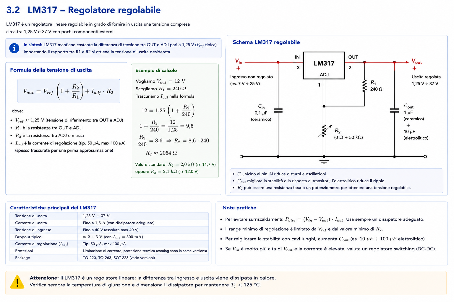 Schema LM317 regolabile con resistenze R1 e R2 tra OUT ADJ e massa