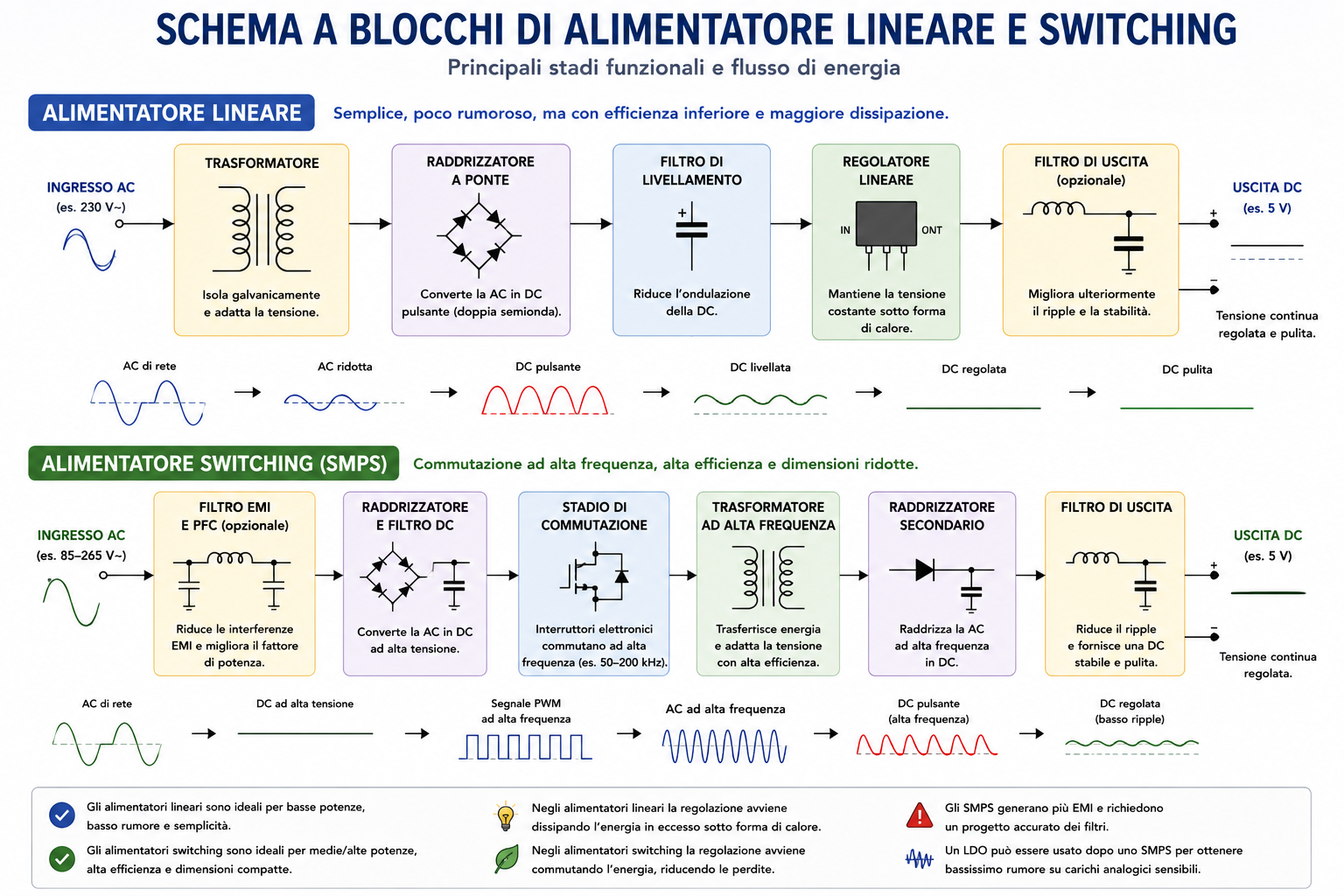 Schema a blocchi di alimentatore lineare e alimentatore switching SMPS