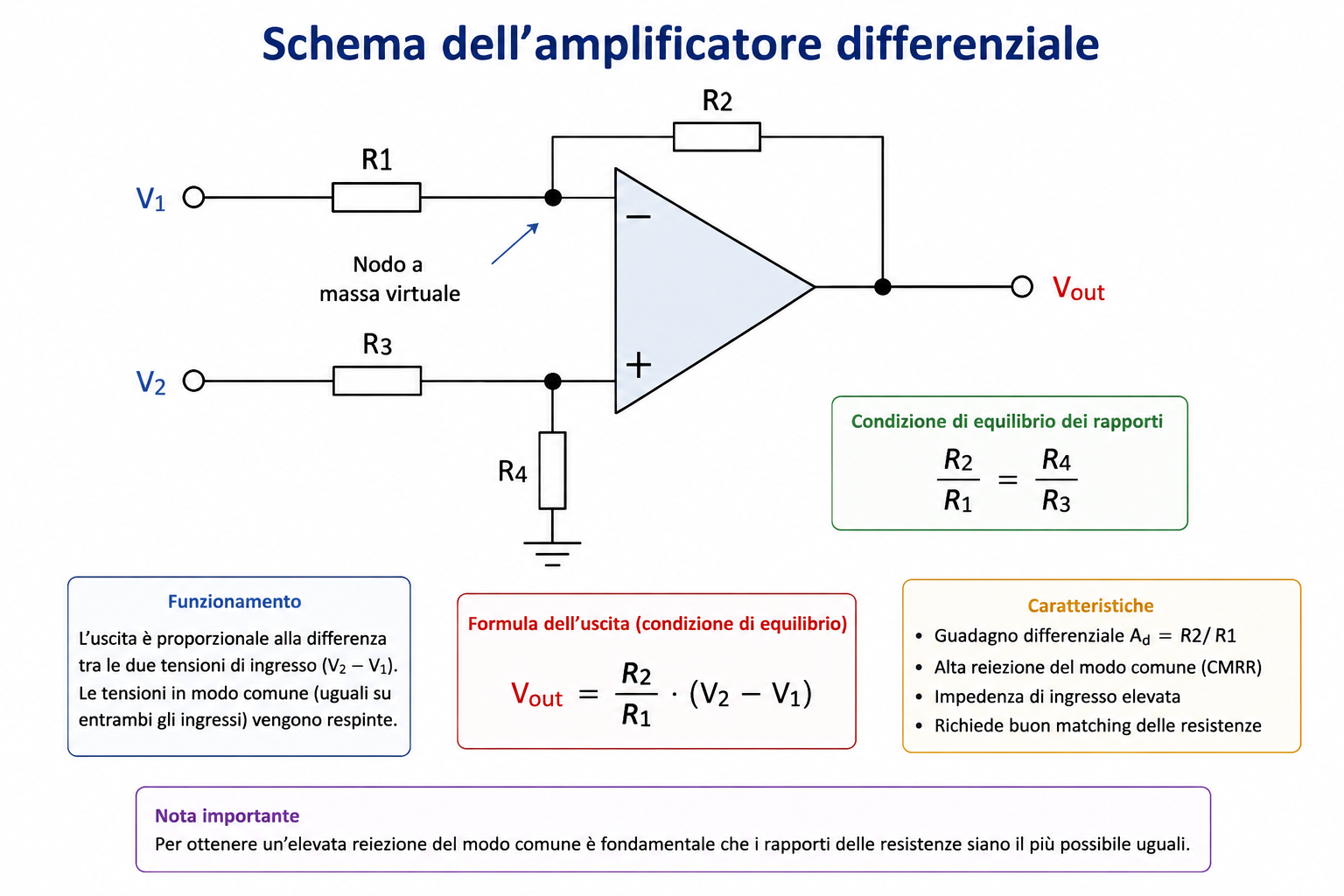 Schema dell'amplificatore differenziale con V1, V2, R1, R2, R3, R4 e Vout