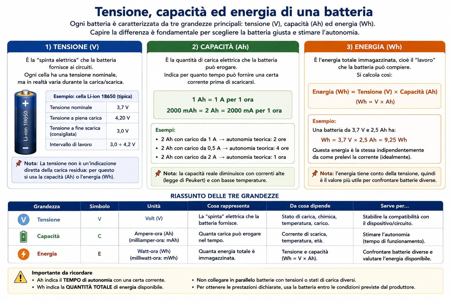 Tensione capacità ed energia di una batteria con Volt Ah e Wh