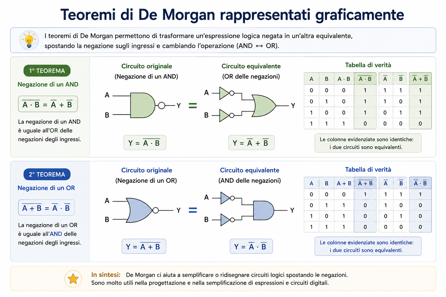 Teoremi di De Morgan rappresentati graficamente con circuiti logici equivalenti