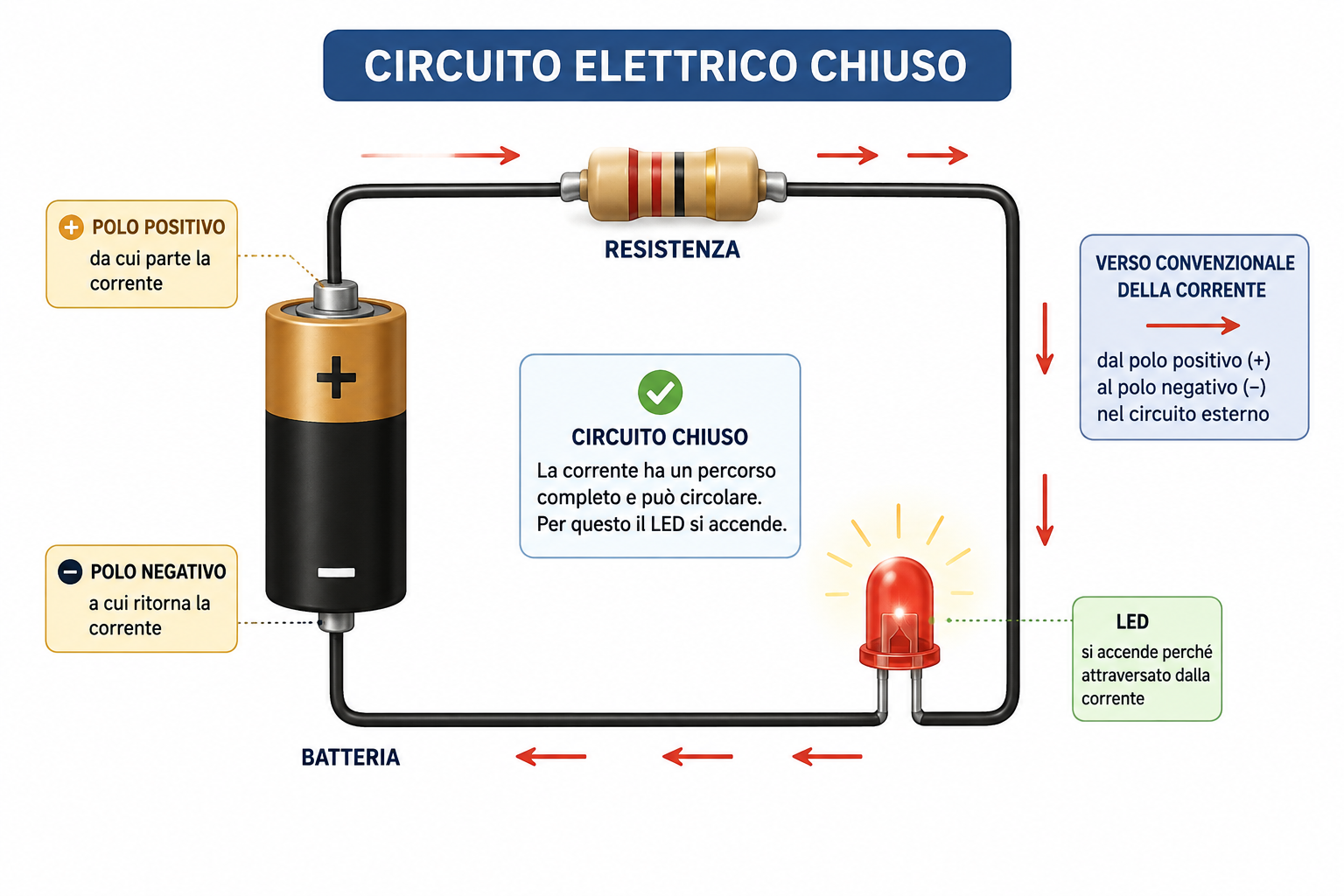 Circuito elettrico chiuso formato da batteria, conduttori, resistenza e LED