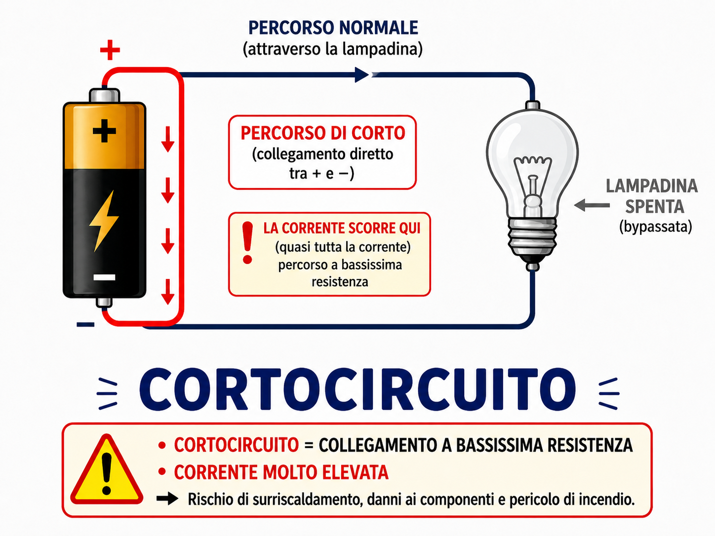 Schema didattico di un cortocircuito con collegamento diretto tra positivo e negativo della batteria