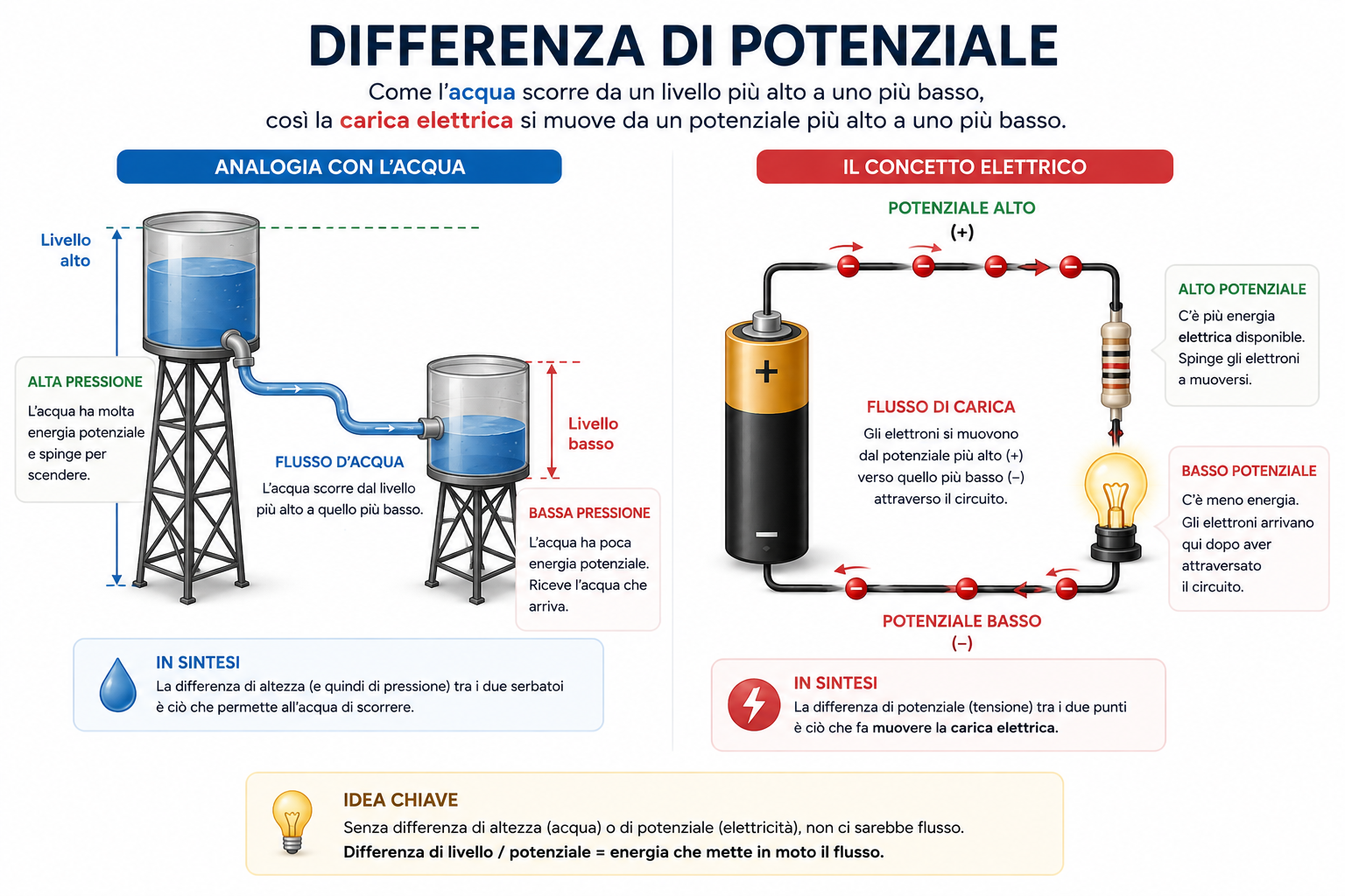 Analogia tra due serbatoi d'acqua a diversa altezza e la differenza di potenziale elettrico
