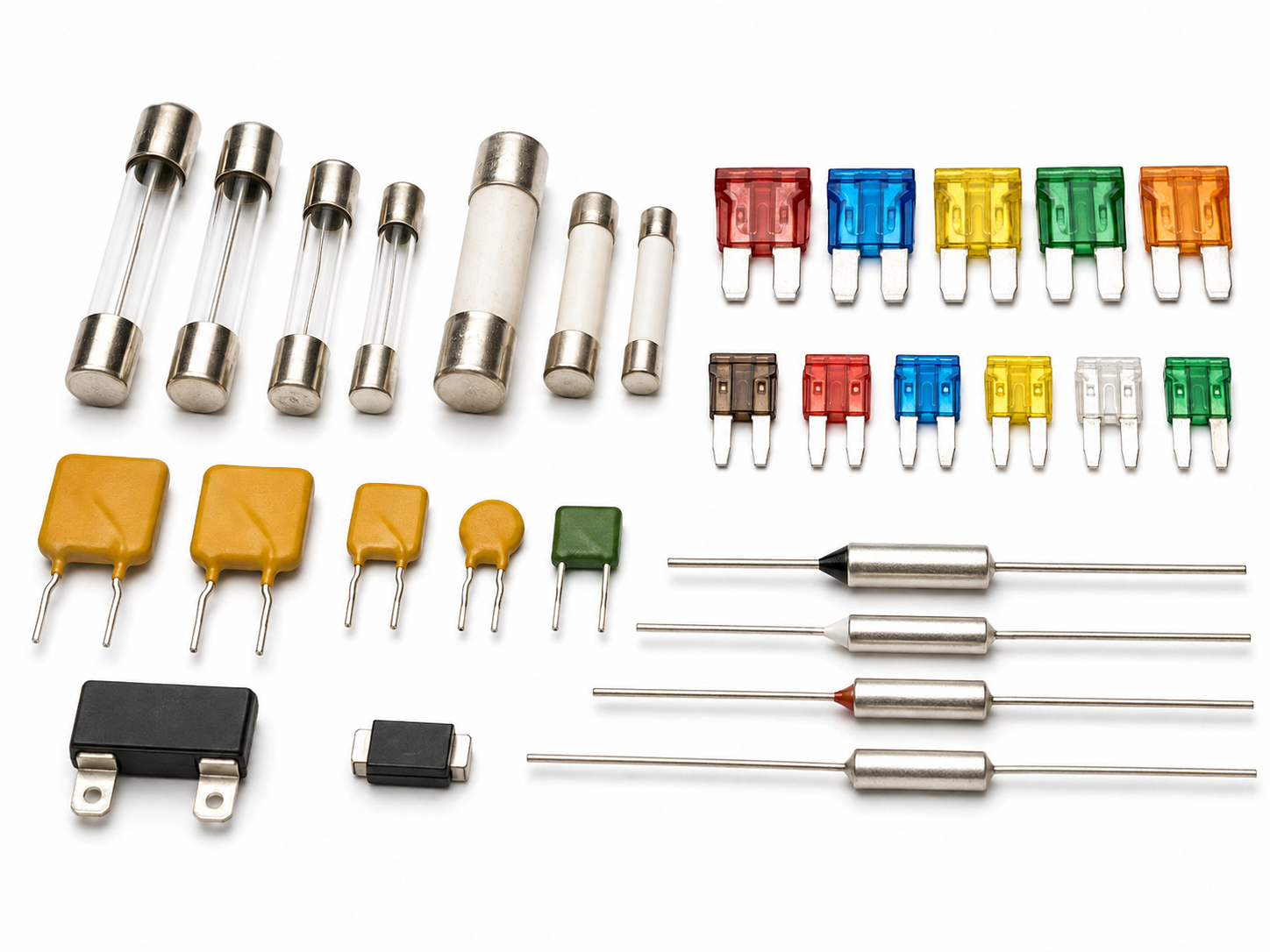 Vari tipi di fusibili elettronici ed elettrici, inclusi vetro, ceramici, blade e autoripristinanti