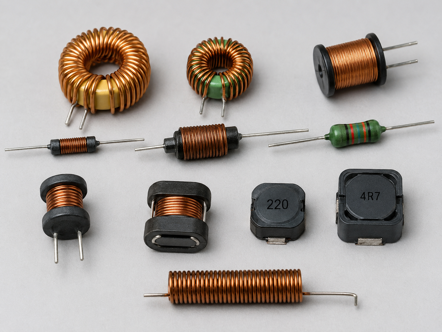 Induttori e bobine elettroniche di diversi tipi, inclusi toroidali, assiali, SMD e con nucleo in ferrite
