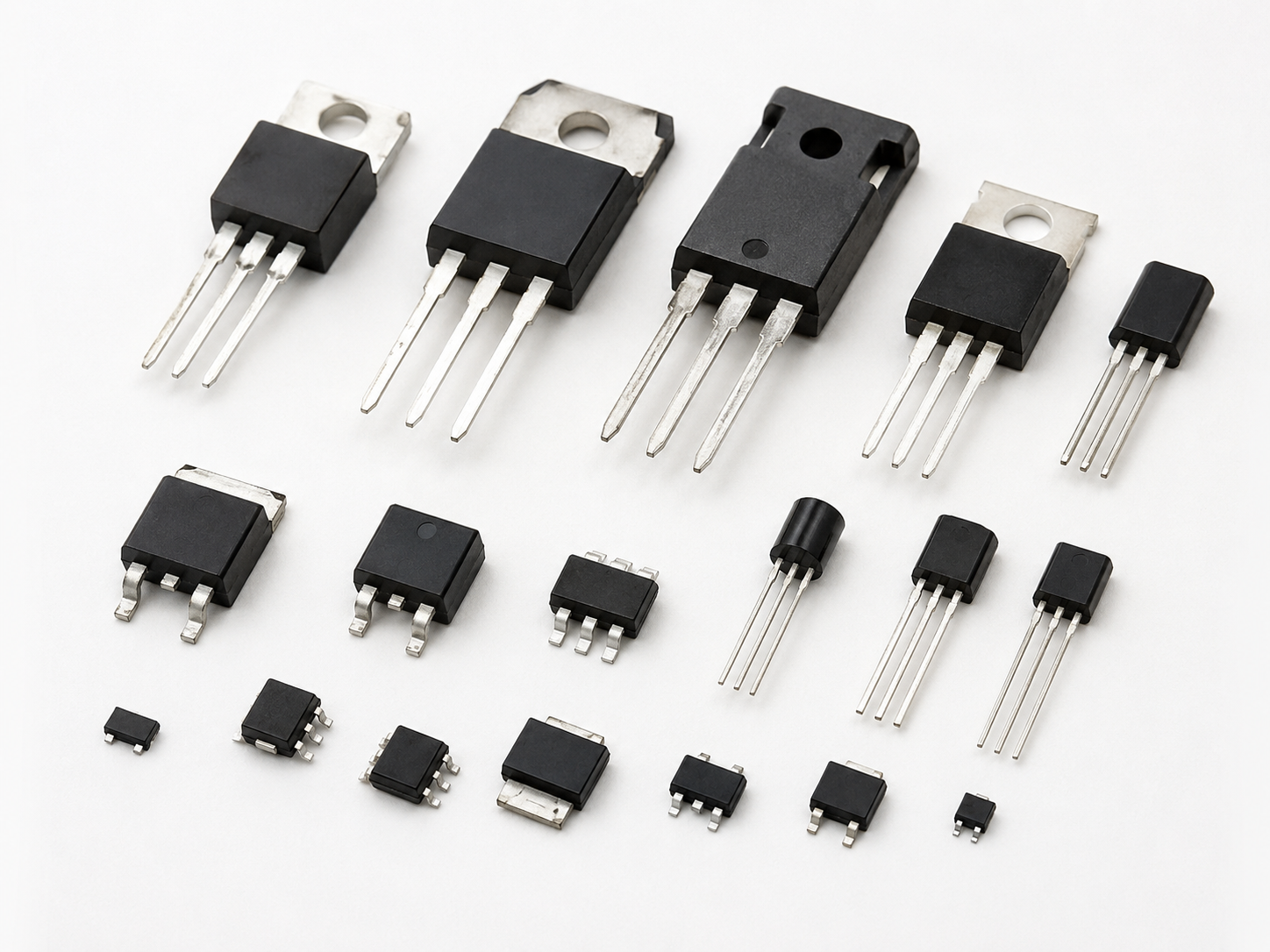 MOSFET elettronici di diversi package, inclusi TO-220, TO-247, TO-92 e SMD