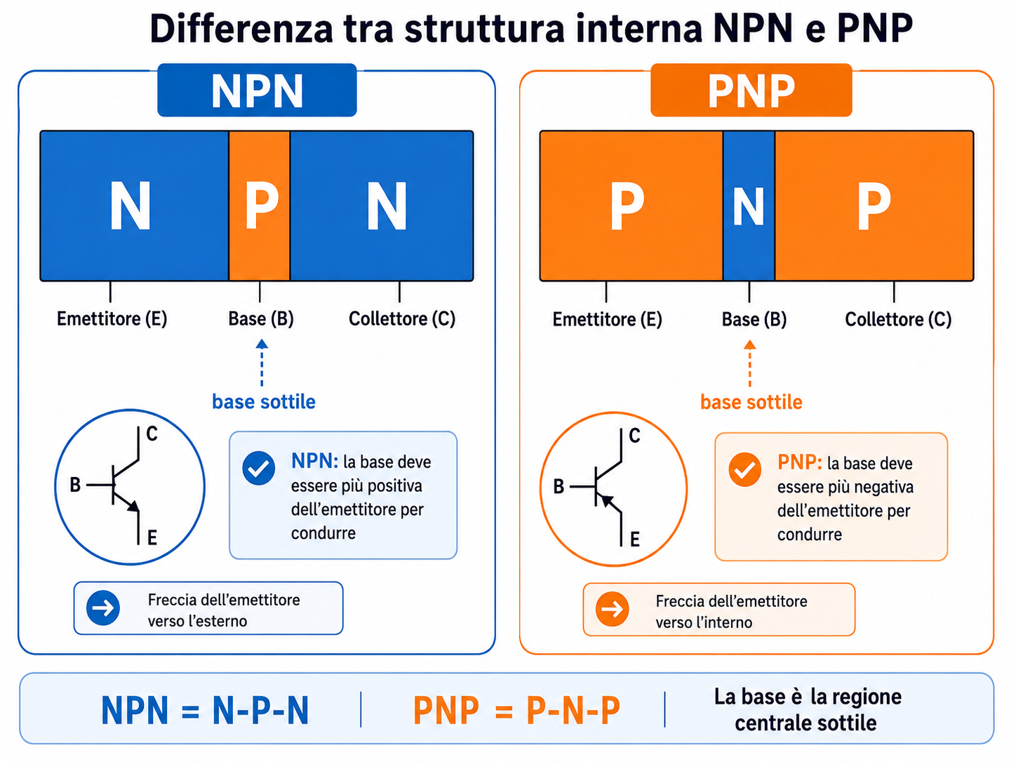 Differenza tra struttura interna di transistor BJT NPN e PNP con emettitore base e collettore