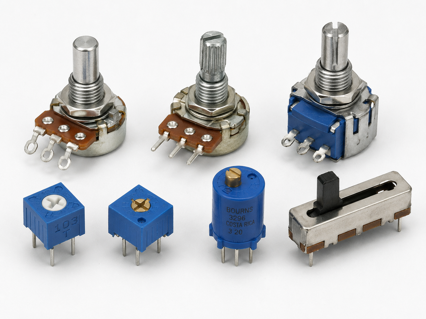 Potenziometri e trimmer elettronici di diversi tipi, inclusi modelli rotativi, trimmer da PCB e slider