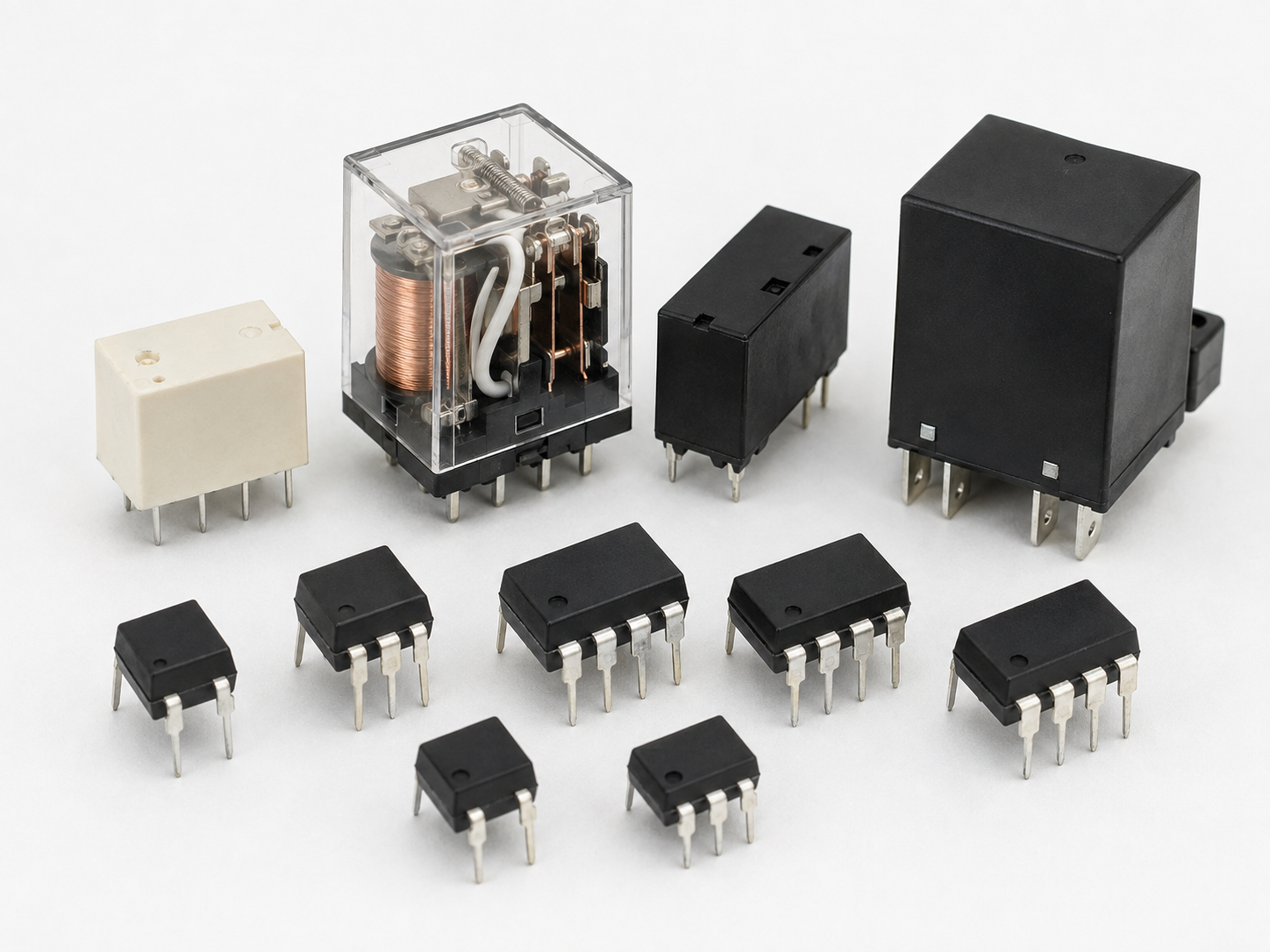 Relè elettromeccanici e optoisolatori elettronici di diversi tipi e package