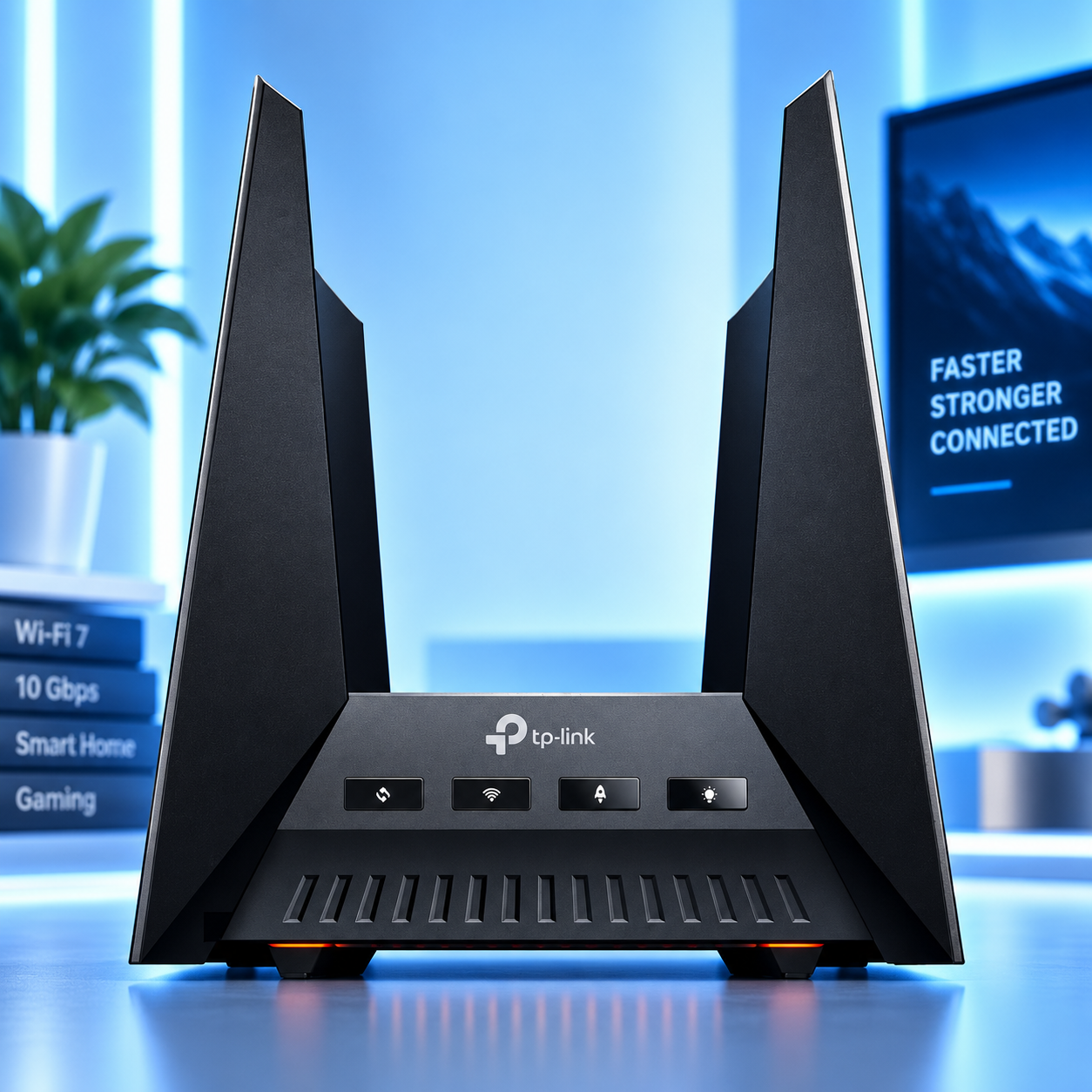 Vista frontale del TP-Link Archer GE800 con design gaming e antenne integrate