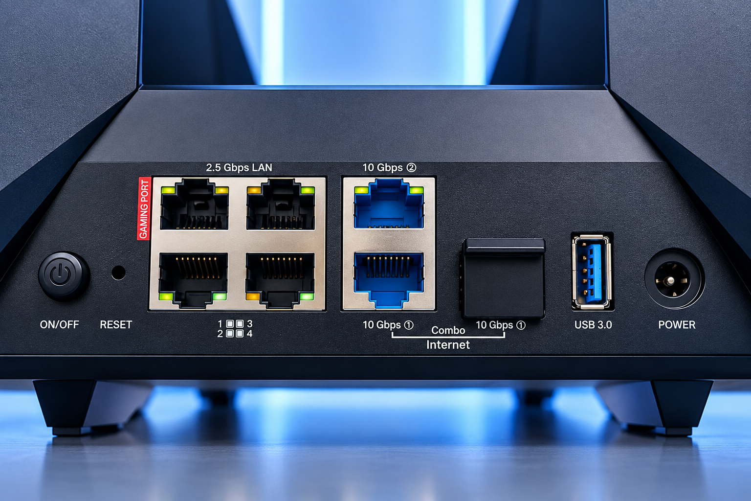 Porte posteriori TP-Link Archer GE800 con 10G, 2.5G, USB 3.0 e SFP+