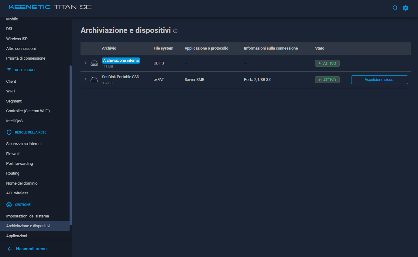 Keenetic Titan SE Archiviazione e dispositivi con SanDisk Portable SSD exFAT e Server SMB